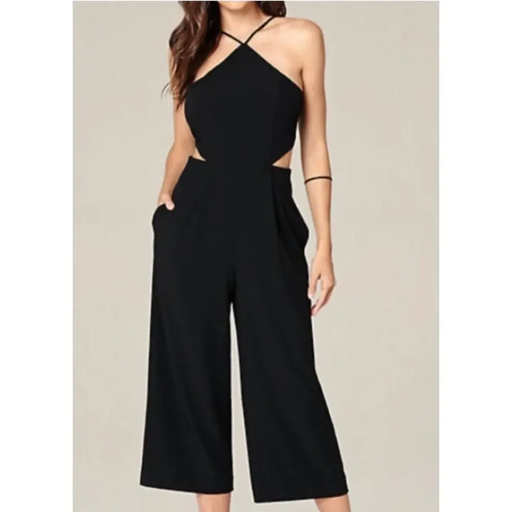 Bebe Jumpsuit Cutout‎ Cropped Wide Leg Black Size 12